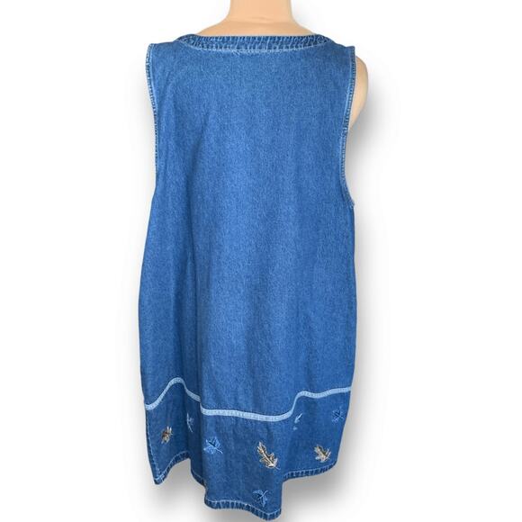 Vintage 90s Denim Jumper Dress Zip Front Autumn Leaf Embroidery Sleeveless Plus - Picture 4 of 12